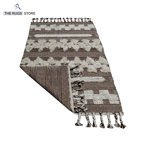 Handwoven Moroccan <b>Boho</b> Flatweave <b>Rug</b>-Low Pile Wool Brown Ivory Diamond Pattern with Fringe - Product Image 1