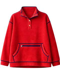 Sweat-shirt rouge surdimensionné en polaire pour femme avec col à boutons, poche kangourou, liseré contrastant, épais, décontracté pour l'hiver - Product Image 1