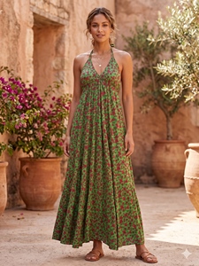 Vestido Maxi Halter con Estampado Floral Verde, Estilo Boho, Sin Mangas, Corte en A, Holgado, Informal de Otoño, Tejido de Rayón y Algodón con Borlas Naturales - Product Image 3