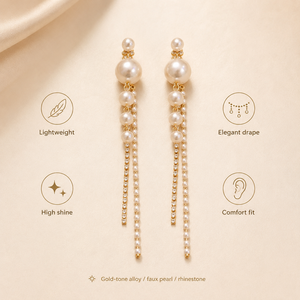 Pendientes Largos de Perlas con Diamantes Simulados, Pendientes de Borla con Perlas, Pendientes Largos de Perlas Chapados en Oro para Mujer - Product Image 6