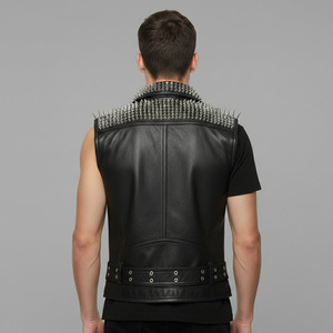 Chaleco de Motociclista de Cuero Genuino para Hombre, Estilo Biker, con Tachuelas, Remaches Detallados, Cierre de Cremallera, Cuello Camisero, Personalización Disponible - Product Image 2