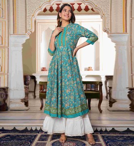 Floral & Geometrical Printed Cotton Anarkali <b>Kurti</b> Women's Summer Ethnic Casual Wear Quick Dry Sun Protection - Product Image 3