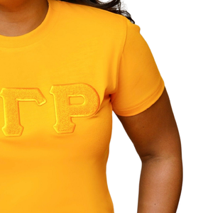 Camiseta Sigma Gamma Rho con Letras Griegas Doradas en Chenille para Mujer, Bordado ΣΓΡ, Mezcla de Algodón, Manga Corta, Estilo Casual y Elegante - Product Image 4