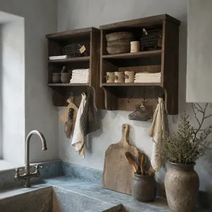 Étagère murale rustique en bois flotté, organisateur de rangement en bois fait main avec crochets, décoration pour la maison, la salle de bain, la cuisine, style cottage et ferme - Product Image 3