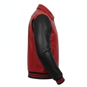Blouson Bomber Varsity Personnalisé en Cuir et Toile Rouge et Noir pour Homme, Style Streetwear, Broderie Diable, Patch Frontal, Vente en Gros - Product Image 4