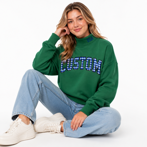Sudadera de cuello alto para mujer con letras de tela a cuadros y ribetes, sudadera extragrande con bordado en el cuello - Product Image 5