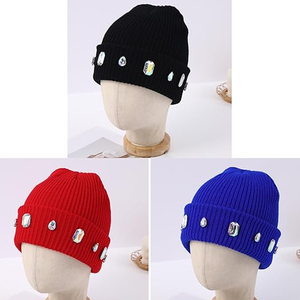 Black Crystal Beanie Hat Rib Knit <b>Winter</b> <b>Cap</b> Unisex Soft Warm Stretch Skull <b>Cap</b> Custom OEM Wholesale Hat - Product Image 2