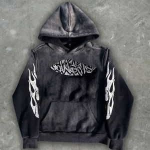 Sweat à capuche vintage délavé avec logo brodé personnalisé OEM, coupe évasée, en molleton épais, pour l'hiver - Product Image 4