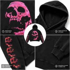 Sudadera con Capucha Oversize Unisex Negra Lavada Estilo Vintage con Gráfico de Calavera Estampado en Serigrafía, de Forro Polar Pesado de Algodón/Poliéster - Product Image 3