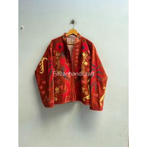 Floral Embroidered Mandarin Collar <b>Velvet</b> Cotton Quilted <b>Jacket</b> Full Sleeve Winter Unisex Overcoat Boho Chic - Product Image 1