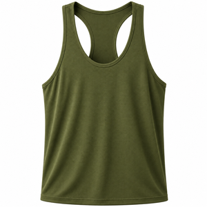 Camiseta sin mangas para hombre, color verde oliva, cuello redondo, color sólido, transpirable, de poliéster tejido, informal y deportiva - Product Image 1