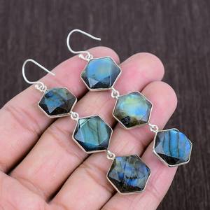 Boucles d'oreilles en labradorite bleue, argent sterling 925, hexagone, pendantes, faites à la main, bijoux en pierres précieuses, cadeau - Product Image 3