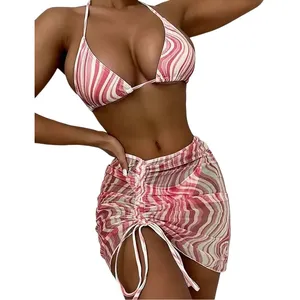 Maillot de bain d'été pour femme, ensemble bikini sexy 2 pièces, imprimé personnalisé, haut triangle dos nu et bas de bikini froncé à cordon - Product Image 3