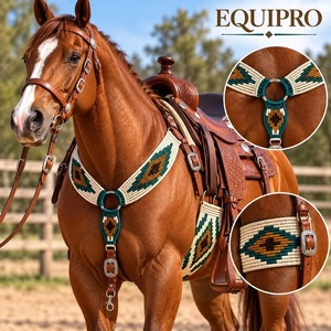 EQUIPRO Horse Girth Breast Collar Set <b>Wool</b> & Leather Woven Geometric Pattern Concho Buckles Green <b>Brown</b> Customise Model - Product Image 3
