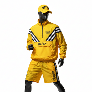 Ensemble coupe-vent pour homme en tissu polyester premium, jaune et noir, design à panneaux chevron, logo personnalisé par transfert thermique, grandes tailles - Product Image 1