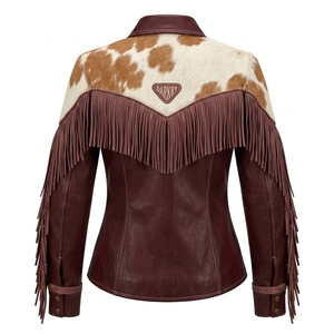 Shirt Collar Burgundy Wine <b>Fringe</b> Cowhide Hair On Hide <b>Womens</b> Western Leather <b>Jacket</b> Spotted Fur Country Rodeo Coat - Product Image 2
