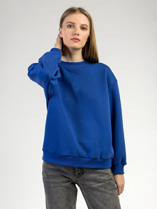 Sudadera Oversize de Cuello Redondo para Mujer, Azul Sólido, Manga Larga, Tejido de Algodón/Fibra de Bambú, Bordado de Cristal, Hombros Caídos - Product Image 2