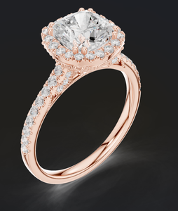Élégante bague en or rose avec diamant taille coussin et halo luxueux, idéale pour fiançailles et cadeau d'anniversaire - Product Image 2