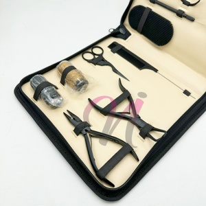 Kit d'outils pour extensions de cheveux en micro-perles noires mates avec étui, kit d'extensions de cheveux à micro-anneaux, étui en cuir zippé - Product Image 4