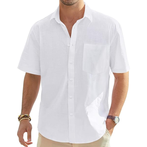 Chemise décontractée blanche à manches courtes pour homme, col boutonné, respirante, en lin/coton Dobby écologique, couleur unie, fermeture boutonnée sur le devant, idéale pour l'été - Product Image 1