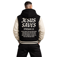 Chaqueta Varsity de Invierno Impermeable y Ecológica con Capucha para Hombre, Estilo Béisbol, Color Negro y Beige, Personalizable con Letras en la Parte Delantera, Modelo JESUS SAVES