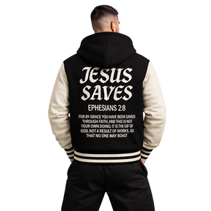 Blouson universitaire imperméable et écologique pour homme, style baseball, noir et beige, avec capuche, personnalisable, thème JESUS SAVES, style Letterman, motif religieux sur le devant - Product Image 6