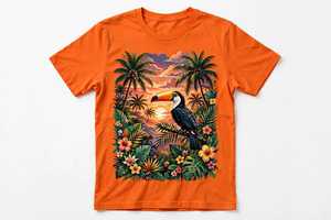 Camiseta Personalizada para Mujer con Estampado Tropical de Tucán, Palmera Naranja y Atardecer Floral, Camiseta de Algodón OEM, Estilo Vacaciones en la Playa, Top de Verano - Product Image 2
