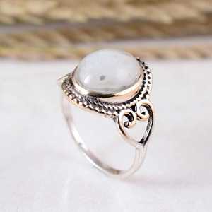 Handmade Rainbow Moonstone Bezel Setting <b>925</b> <b>Silver</b> <b>Ring</b> Rope-Edge Boho Vintage or Ethnic Style Wedding & Party - Product Image 4