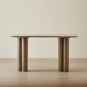 Mesa Consola Moderna Minimalista con Tapa de Mármol y Base de Pedestal de Teca Sólida con Panel de Almacenamiento - Muebles para Sala de Estar Saila - Product Image 1