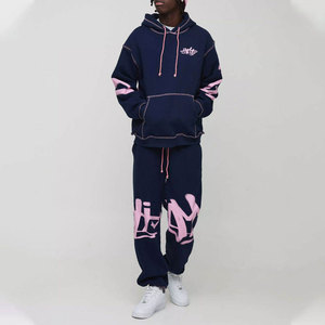 Ensemble de survêtement unisexe bleu marine et rose à imprimé lettres, coupe ample, style streetwear, sweat-shirt et pantalon de jogging en coton pour adultes, collection automne - Product Image 1