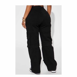 Black <b>Cargo</b> Pants <b>High</b> <b>Waist</b> Loose Fit Full Length Solid Color Utility Style With Pockets Autumn Wear - Product Image 5