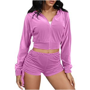 Women's Winter Casual 2-Piece Solid Velvet <b>Knitted</b> <b>Set</b> Zipper Crop Hoodie Above-Knee Skinny Fit Shorts Quick Dry - Product Image 2