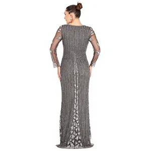 Robe de soirée élégante gris ardoise à sequins géométriques, coupe fourreau, manches longues, longueur ras du sol, col en V, transparente, formelle, maxi - Product Image 2