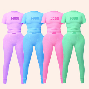 OEM ODM Custom Logo Women's Two Piece Strapless Casual <b>Set</b> Solid <b>Knitted</b> Polyester Cotton Summer Fashion Short Crop Top Shorts - Product Image 5