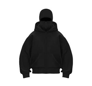 Sweat-shirt à capuche zippé noir surdimensionné pour homme, coupe classique, couleur unie, tissu tricoté, vêtement d'automne - Product Image 1