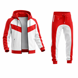 Conjunto de chándal rojo y blanco con contraste para hombre – Sudadera con capucha y cremallera y pantalones jogger, ropa deportiva ajustada para gimnasio, conjunto informal para fitness - Product Image 3