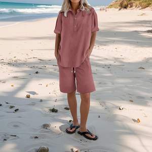 Ensemble de détente 1 pièce en coton tricoté pour femme, haut long et short, tenue décontractée pour la maison, vente directe usine - Product Image 1