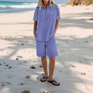 Ensemble de pyjama en coton tricoté pour femmes, 1 pièce, haut à manches longues, pantalon court, vêtements de nuit doux et confortables, tenue de maison - Product Image 1