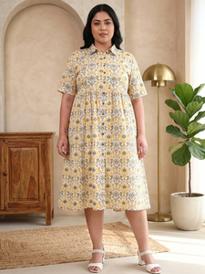 Ensemble de vêtements pour femmes en coton imprimé Ikat, col chemise, jaune, taille plus, robe de maternité, manches courtes, motif tissé décontracté, vêtements de grossesse - Product Image 1