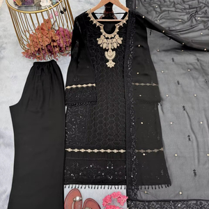 Ensemble Palazzo en Georgette avec Broderie de Luxe et Dupatta de Créateur – Édition Export Internationale - Product Image 1
