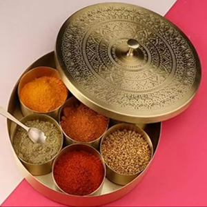Traditional Round Brass <b>Masala</b> <b>Box</b> For Dry Spice Storage And Elegant Kitchen Counter Presentation - Product Image 1