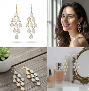 Pendientes largos de arcoíris blanco natural, joyería hecha a mano de moda chapada en oro de 18 quilates para mujeres y niñas - Product Image 5