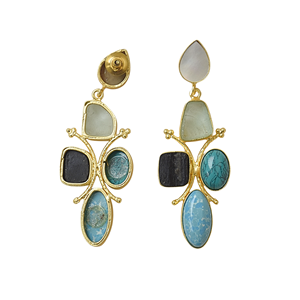 Pendientes Colgantes de Latón Natural con Perlas y Piedras Naturales, Diseño de Latón Satinado, Pieza de Moda, Turquesa, Estilo Bohemio Clásico - Product Image 4