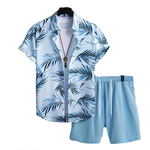 Men's Summer Casual Short Sleeve Shirt Set With Palm Print And <b>Light</b> Blue Shorts Breathable Polyester Fabric - Product Image 1