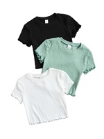 3 pièces de t-shirts à manches courtes pour filles, col rond, en coton biologique, écologiques, personnalisables, hauts en tricot côtelé décontractés, 100% coton, couleur unie