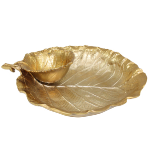 Plateau rond unique en forme de feuille avec petit bol à fruits secs, finition nickel brillant or et argent, plat à fruits, décoration de table - Product Image 1