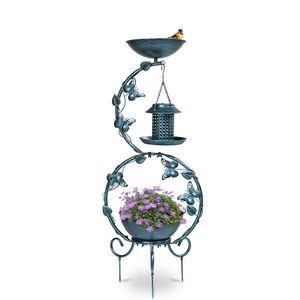 37.8-Inch Weather-Resistant Metal Bird Bath with Solar Feeders Combo Outdoor Flower Planter Pedestal for Backyard Birding - Product Image 1