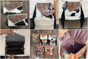 2025 femmes grande capacité à la mode usiné à la main en cuir de vachette frange bandoulière sac à main et porte-carte pochette 2 pièces Combo ensemble - Product Image 3