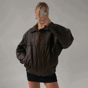 Chaqueta de Cuero Genuino para Mujer, Talla Grande, con Cierre Frontal, Tejida, Estilo Racer, Resistente al Viento, Ecológica y Antibacteriana - Product Image 1