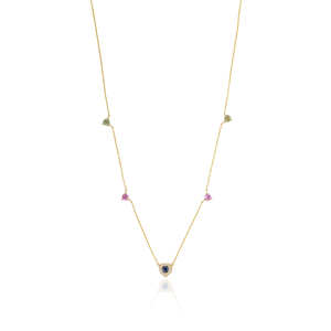 Collar con Colgante de Diamantes y Zafiros Multicolores en Forma de Corazón, 100% Natural, con Cadena de Oro Amarillo de 14K, Proveedor de Joyería Fina - Product Image 1